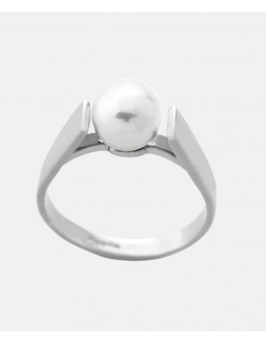 Sterling Silver Rhodium Plated Ring for Women with Organic Pearl, 7mm Round White Pearl, Nuada Collection pas cheres